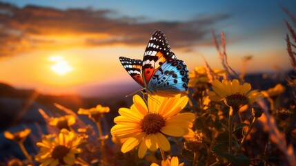 Close-up of a beautiful butterfly on yellow flowers at a soft sunset. Nature, Landscape, Golden...