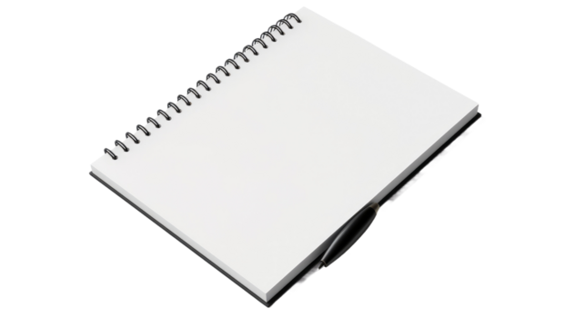 Spiral Notebook With Pen. The notebooks lined pages hint at the potential for creativity or productivity as ideas are jotted down or tasks are planned out. on White or PNG Transparent Background.