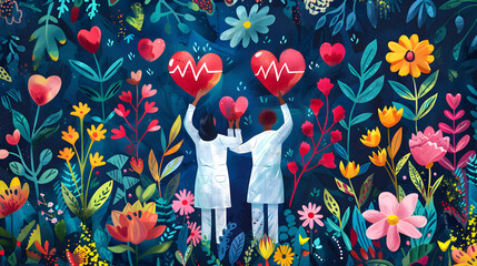 Medical personnel hold hearts on a floral background, expressing gratitude to medical personnel, to convey gratitude and support