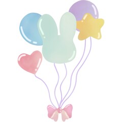 colorful balloon in various shape, circle, oval, heart, rabbit, star isolate on white background. Balloons tied with bows.
