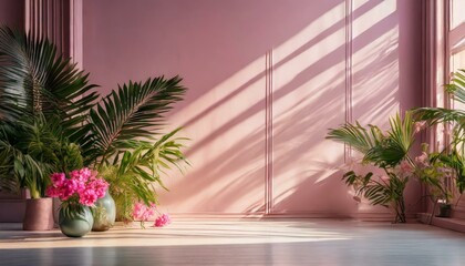 Abstract gradient pink studio background for product presentation. Empty room with shadows of window and flowers and palm leaves, Ai Generate 