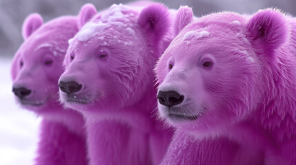 a group of three pink polar bears standing next to each other on a snow covered ground with trees in the background.