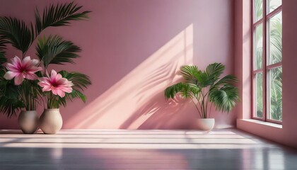 Abstract gradient pink studio background for product presentation. Empty room with shadows of window and flowers and palm leaves, Ai Generate 