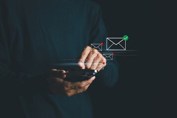 Businessman sending email by smartphone customer, business contact and communication, email icon,...