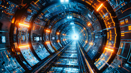 Spaceship Corridor: Futuristic Blue Interior with Digital Neon Lights, Science Fiction Concept