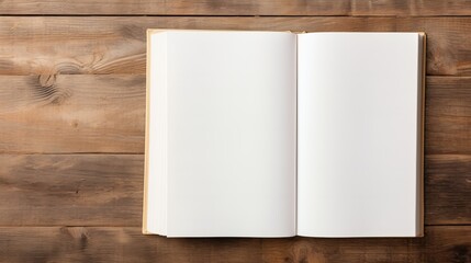 A wooden background sets the stage for an open, empty book, offering ample space for text.