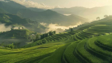 Poster Majestic terraced rice fields enveloped in morning mist at sunrise. © VK Studio
