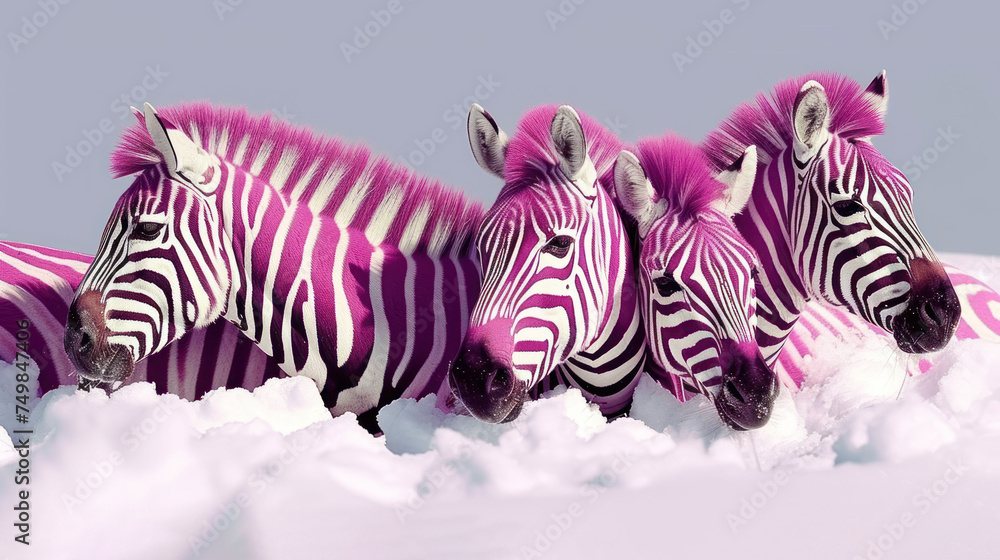 Aufkleber a group of three zebra standing next to each other on top of snow covered ground in front of a blue 