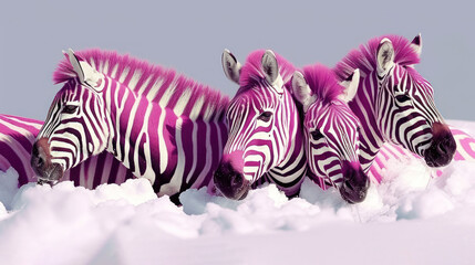a group of three zebra standing next to each other on top of snow covered ground in front of a blue sky.