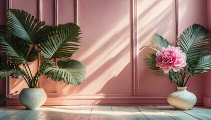 Abstract gradient pink studio background for product presentation. Empty room with shadows of window and flowers and palm leaves, Ai Generate 