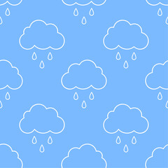 Rainy sky, white clouds and rain drops on blue background. Vector seamless pattern. Best for textile, wallpapers, wrapping paper, package and your design.