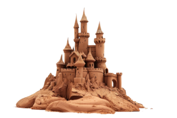 Sand Castle. A detailed sand castle is displayed prominently against a plain white background. The intricate towers walls and decorations of the castle are visible in high definition.