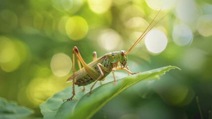 Fototapeta premium Majestic grasshopper perches, a tiny conductor orchestrating nature.