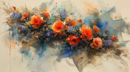 a painting of orange and blue flowers on a white background with a splash of paint on the bottom of the painting.