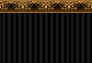  Background. Black curtains with gold vintage ornament on top