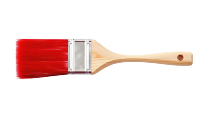 Red Paint Brush With Wooden Handle. A red paint brush with a wooden handle is shown in close-up. The bristles are stiff and clean, ready for use. on White or PNG Transparent Background.