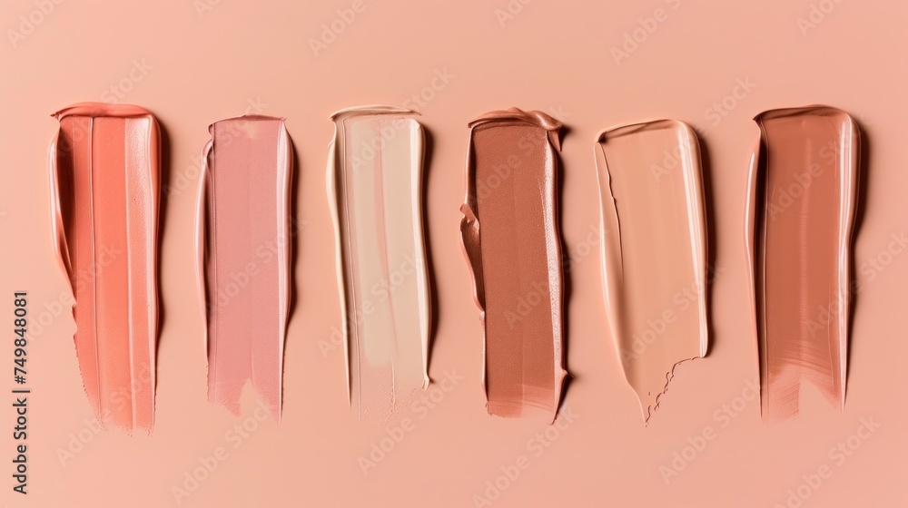 Poster a row of different shades of lipstick on a pink background with a shadow of the lipstick in the midd