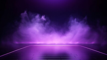 Dark Stage Shows with Purple Background. Neon Light and Spotlights Illuminate the Asphalt Floor. Illustration.