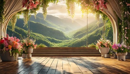 Blurred background. Abstract beige studio background for product presentation. Empty room with shadows of window and flowers and leaves . 3d room with copy space. Summer concert, Ai Generate 
