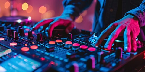 hands of a DJ on a mixer console during a concert - obrazy, fototapety, plakaty