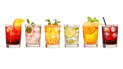 Row of Glasses Filled With Different Types of Drinks. A row of glasses filled with various beverages such as water soda juice wine and cocktails. Each glass showcases a different color and texture.
