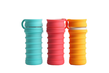 Three Different Colors of Thermos Are Shown. Three thermos containers of different colors are displayed side by side on a white background. Each thermos has a unique design and color scheme.