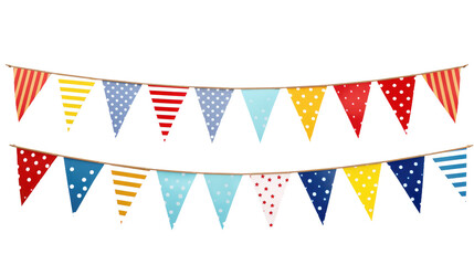 Colorful Bunting Banner With Polka Dots and Stripes. A vibrant bunting banner made up of colorful flags with polka dots and stripes is displayed against a solid background.