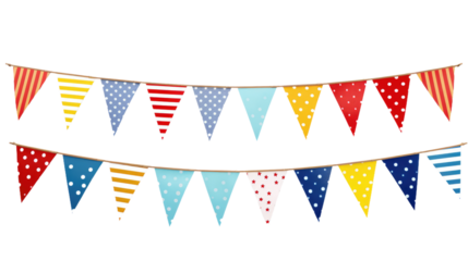Colorful Bunting Banner With Polka Dots and Stripes. A vibrant bunting banner made up of colorful flags with polka dots and stripes is displayed against a solid background.