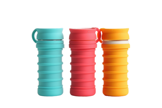 Three Different Colors of Thermos Are Shown. Three thermos containers of different colors are displayed side by side on a white background. Each thermos has a unique design and color scheme.