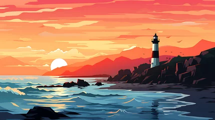 Foto op Aluminium A vector illustration of a coastal lighthouse at sunset. © Tayyab