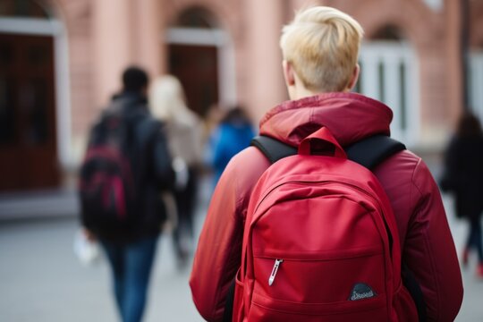 First day elementary school group little kids schoolchildren pupils students together going college class lesson study learn backpacks back view. New academic semester year start primary education