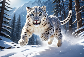 White fluffy Snow leopard. Generative AI