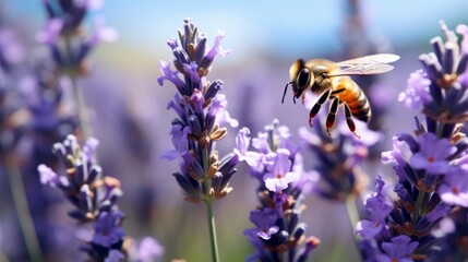 Close-up of a bee on a Pink flower collecting Nectar, Pollen, Pollinating Lavender in a field at a soft sunset. Nature, Landscape, Golden Hour, Summer, Animals, Insects, Wildlife concepts. - obrazy, fototapety, plakaty