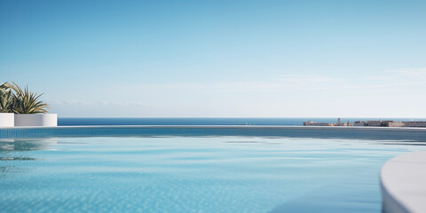 Plakat Tropical swimming pool. Ocean view pool. Relax, spa, hotel. Vacation, travel, holidays.