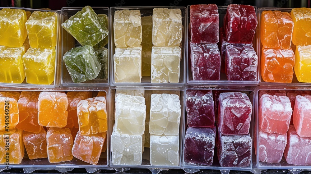 Poster a display case filled with lots of different types of gummy bears next to eachother of gummy bears.