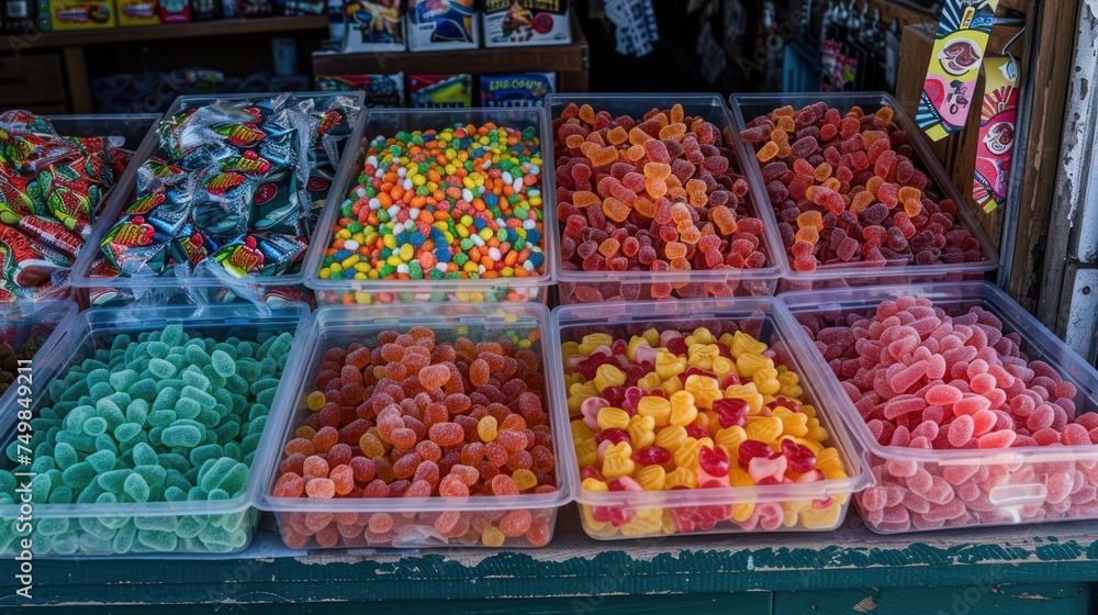 Poster a display in a store filled with lots of different types of candies in plastic containers on top of 