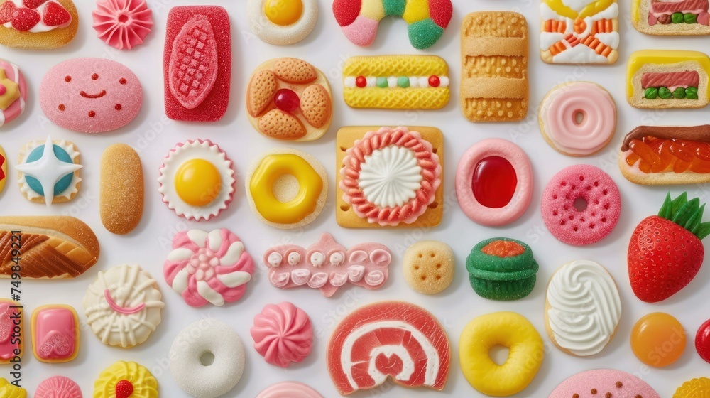 Poster a white surface covered in lots of different types of cookies and doughnuts on top of eachother.