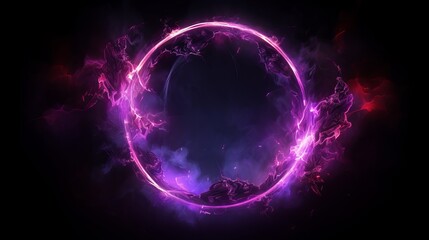 Obraz premium Futuristic Smoke with Neon Color Geometric Circle on Dark Background. Mystical Round Portal.