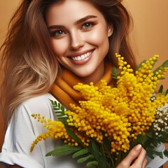 Woman Holding Bouquet of Yellow Mimosa Flowers, International women's day