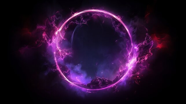 Futuristic Smoke with Neon Color Geometric Circle on Dark Background. Mystical Round Portal.