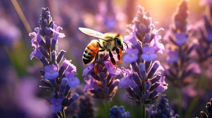 Poster Close-up of a bee on a Pink flower collecting Nectar, Pollen, Pollinating Lavender in a field at a soft sunset. Nature, Landscape, Golden Hour, Summer, Insects, Wildlife concepts. Horizontal photo. © liliyabatyrova