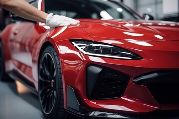 Professional unrecognizable Caucasian specialist male man guy worker master wrapping installing protective film vinyl foil new red sport car automobile transport paint protection indoors salon service - obrazy, fototapety, plakaty