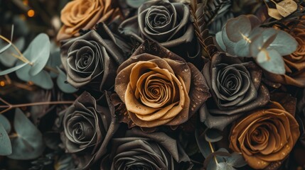 a bunch of brown roses sitting on top of a pile of green leaves on top of a bed of leaves.