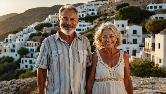 Bellissima coppia di anziani pensionati con i capelli bianchi, sorride su un isola della Grecia in una giornata di sole durante una vacanza