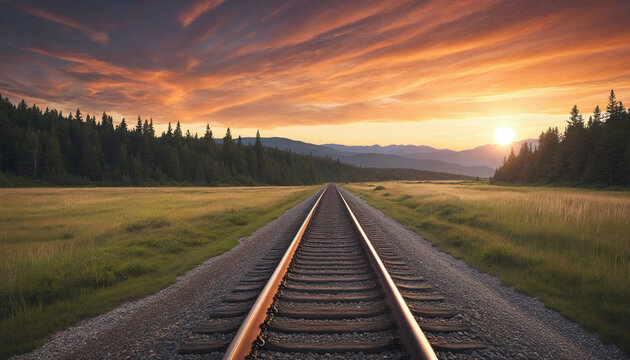 Clip art of a railroad track going straight into the sunset in the wilderness