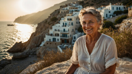 Bellissima donna anziana pensionata con i capelli bianchi, sorride su un isola della Grecia in una giornata di sole durante una vacanza