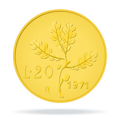 20 Lire of Italy. Vector illustration of an Italian coin. A coin on a white background