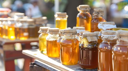 Various sizes of glass containers filled with assortments of fresh raw honey displayed on an outdoor table at a farmers market - obrazy, fototapety, plakaty