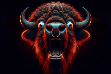 Shocked angry buffalo bison with a ring in his nose with bulging eyes on solid black background. ai generative - obrazy, fototapety, plakaty