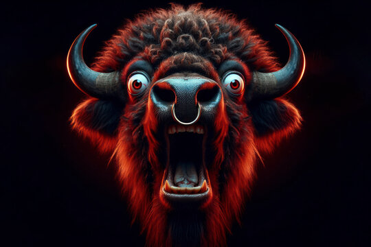 Shocked angry buffalo bison with a ring in his nose with bulging eyes on solid black background. ai generative